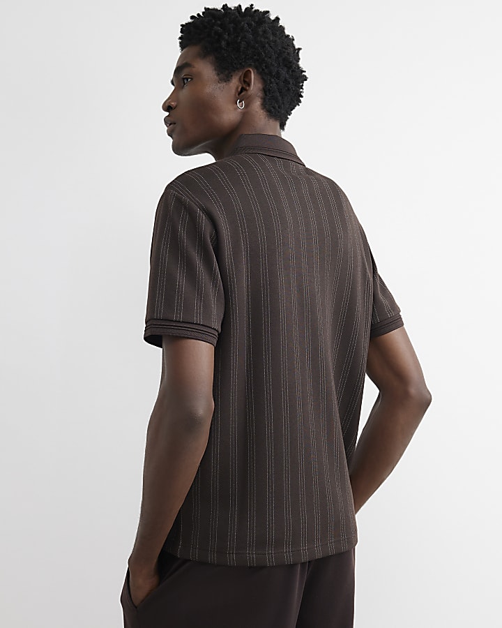 Brown Slim Fit Cotton Pinstripe Polo Shirt