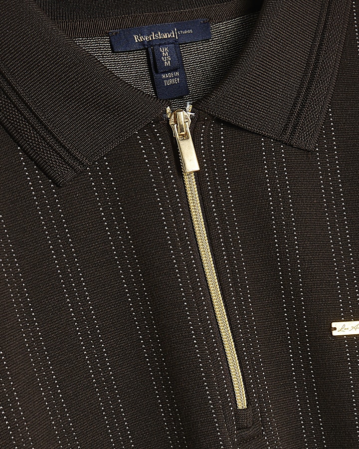 Brown Slim Fit Cotton Pinstripe Polo Shirt