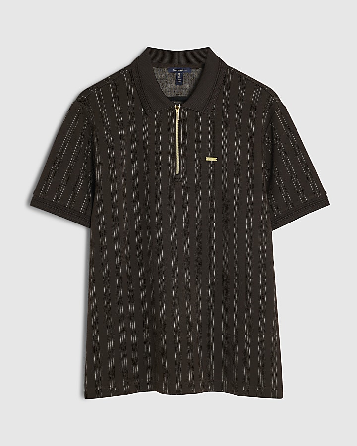 Brown Slim Fit Cotton Pinstripe Polo Shirt
