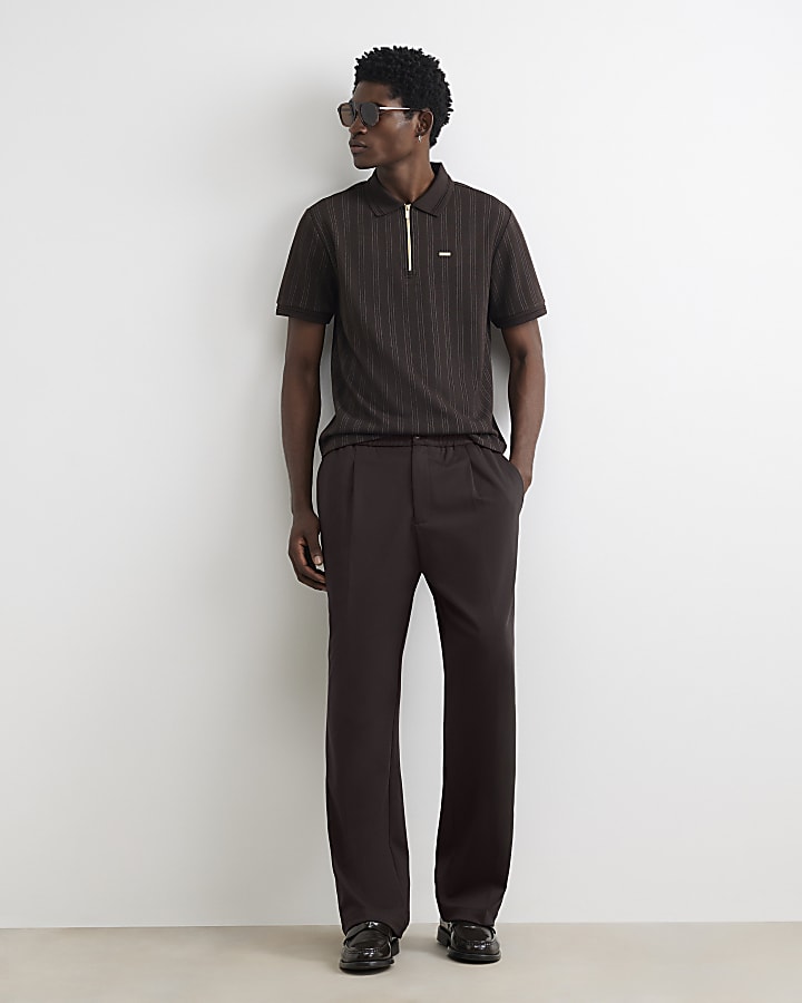 Brown Slim Fit Cotton Pinstripe Polo Shirt