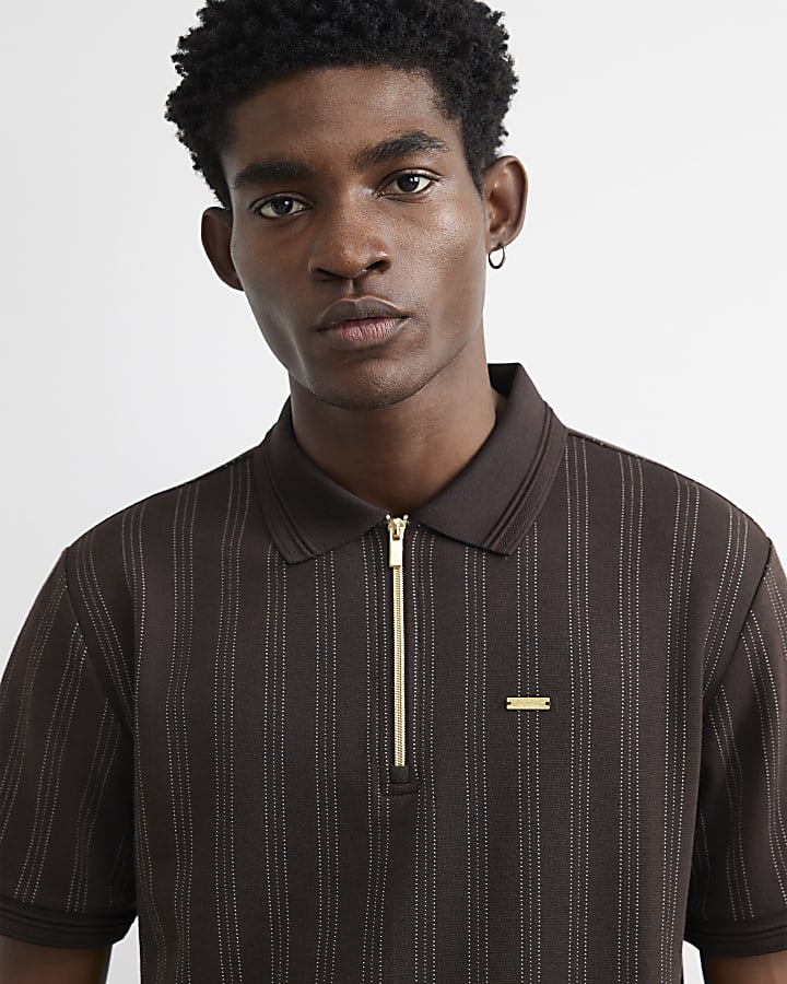 Brown Slim Fit Cotton Pinstripe Polo Shirt