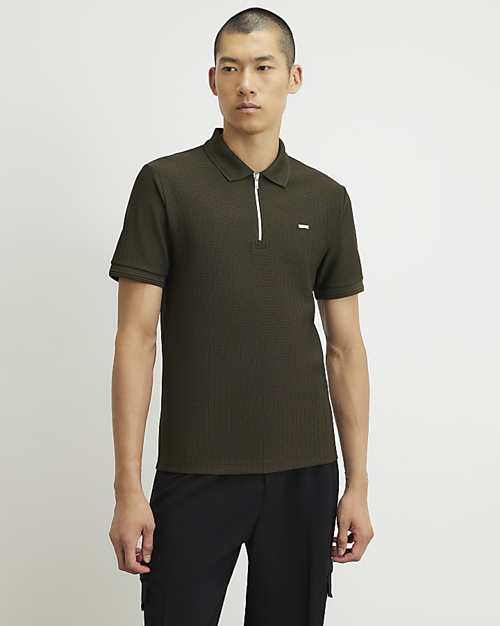Khaki Muscle Fit Cotton Textured Polo Shirt