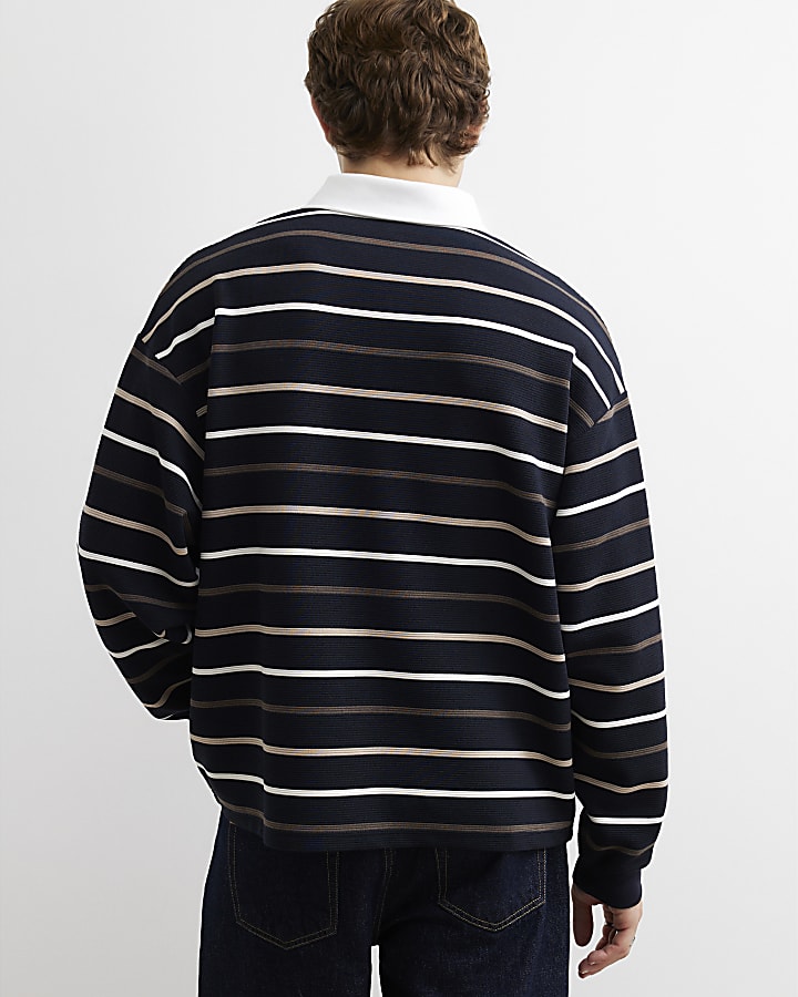 Navy Oversized Fit Cotton Stripe Rugby Shirt
