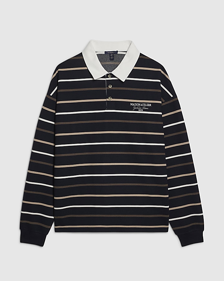 Navy Oversized Fit Cotton Stripe Rugby Shirt