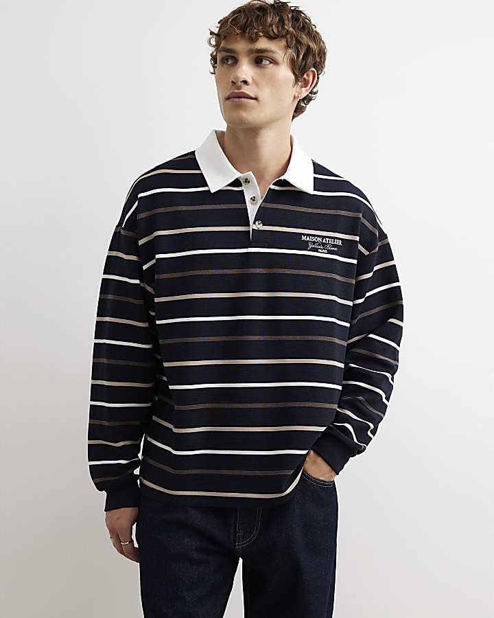 Navy Oversized Fit Cotton Stripe Rugby Shirt