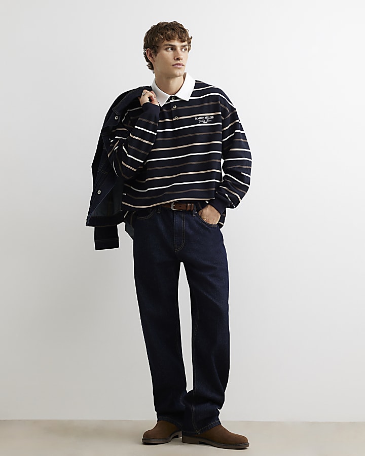 Navy Oversized Fit Cotton Stripe Rugby Shirt