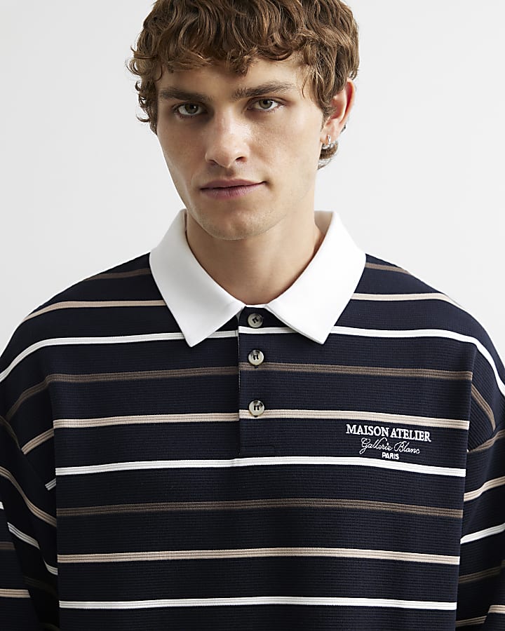 Navy Oversized Fit Cotton Stripe Rugby Shirt