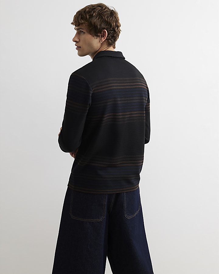 Navy Slim Fit Cotton Stripe Rugby Shirt