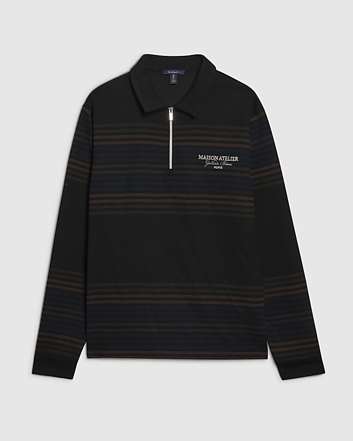 Navy Slim Fit Cotton Stripe Rugby Shirt