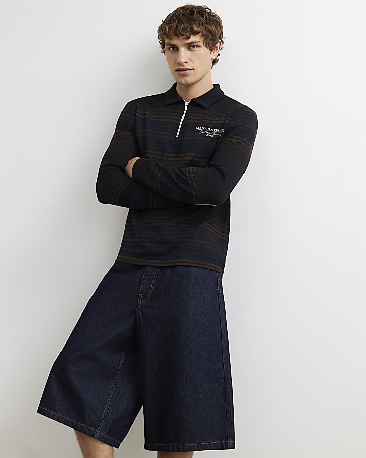 Navy Slim Fit Cotton Stripe Rugby Shirt