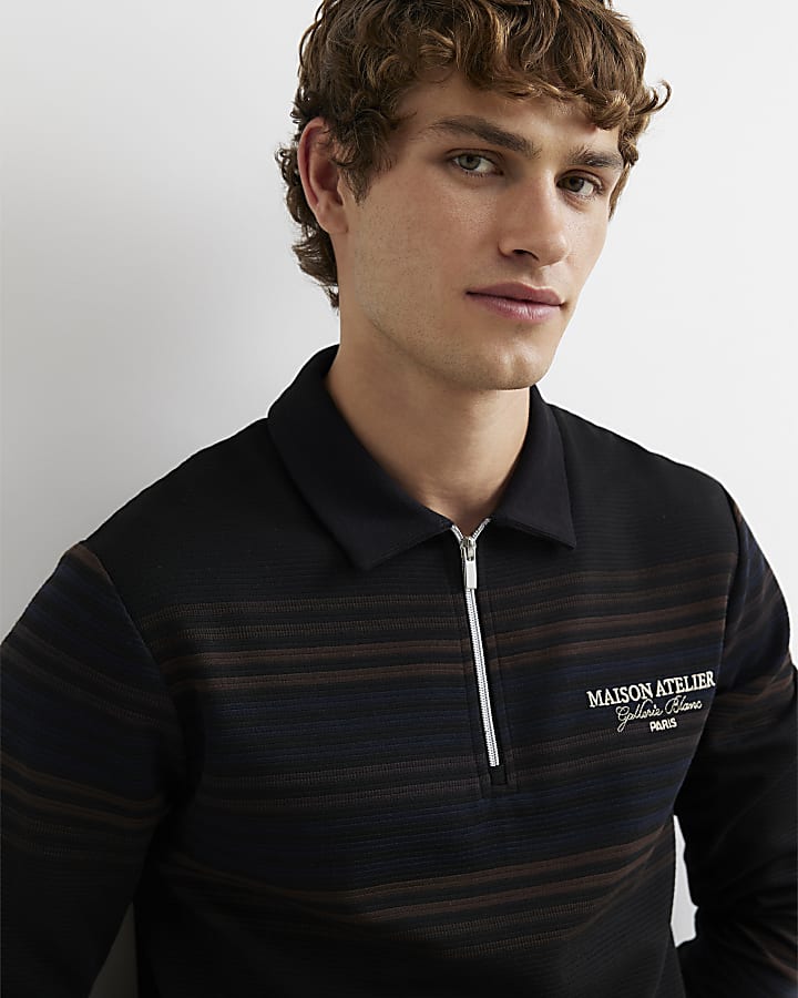 Navy Slim Fit Cotton Stripe Rugby Shirt