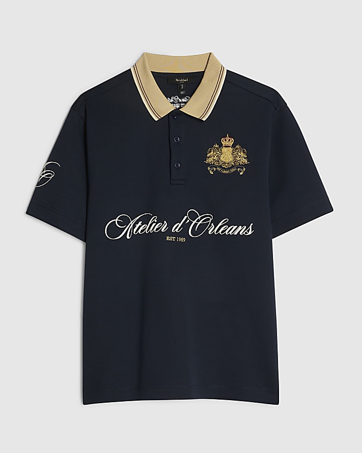 Navy Cotton Atelier Crest Polo Shirt