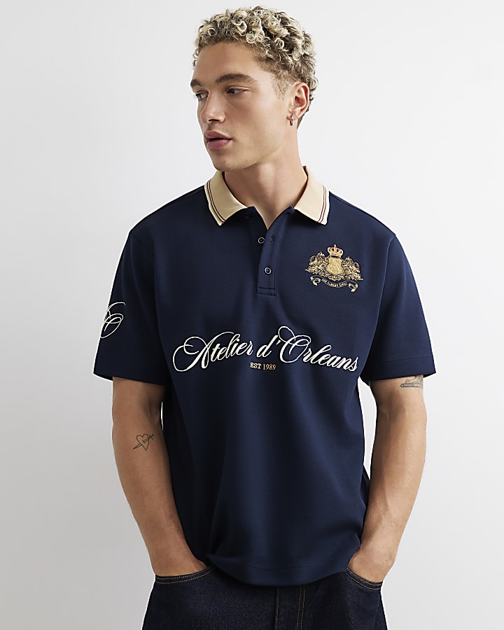 Navy Cotton Atelier Crest Polo Shirt