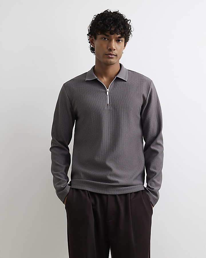 Grey Muscle Fit Cotton Textured Polo Shirt