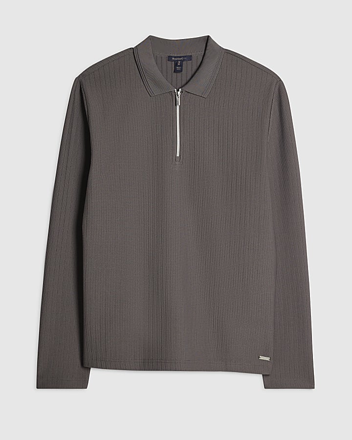 Grey Muscle Fit Cotton Textured Polo Shirt