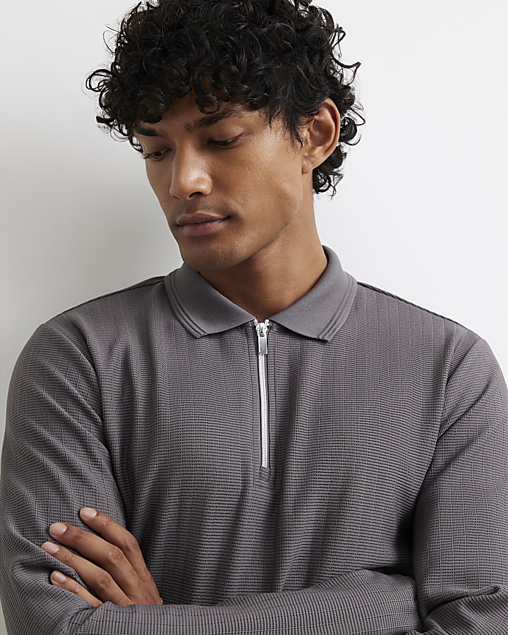 Grey Muscle Fit Cotton Textured Polo Shirt