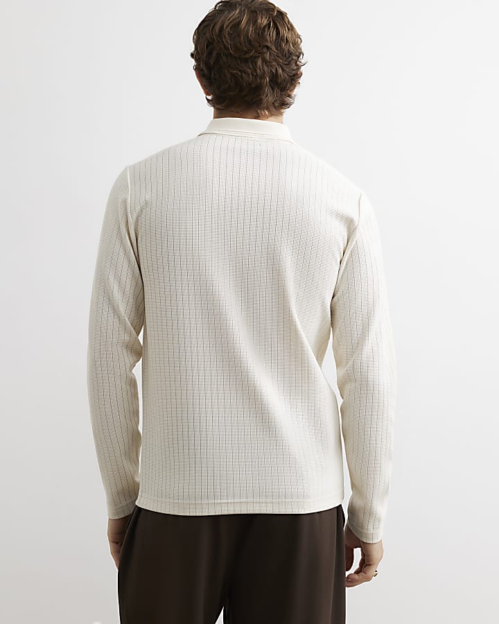 Cream Muscle Fit Cotton Textured Polo Shirt