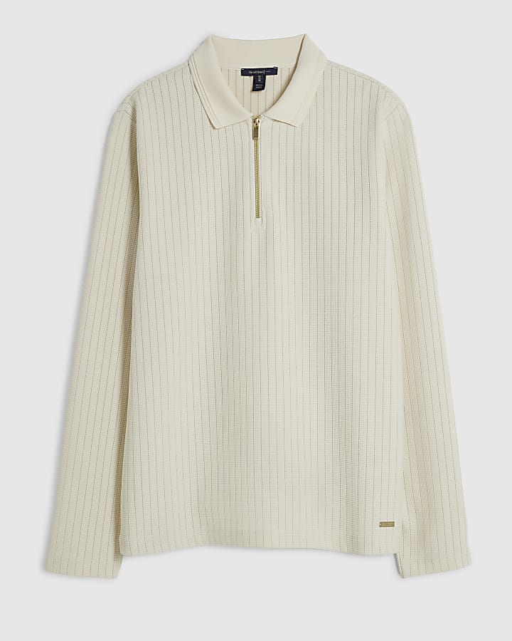 Cream Muscle Fit Cotton Textured Polo Shirt
