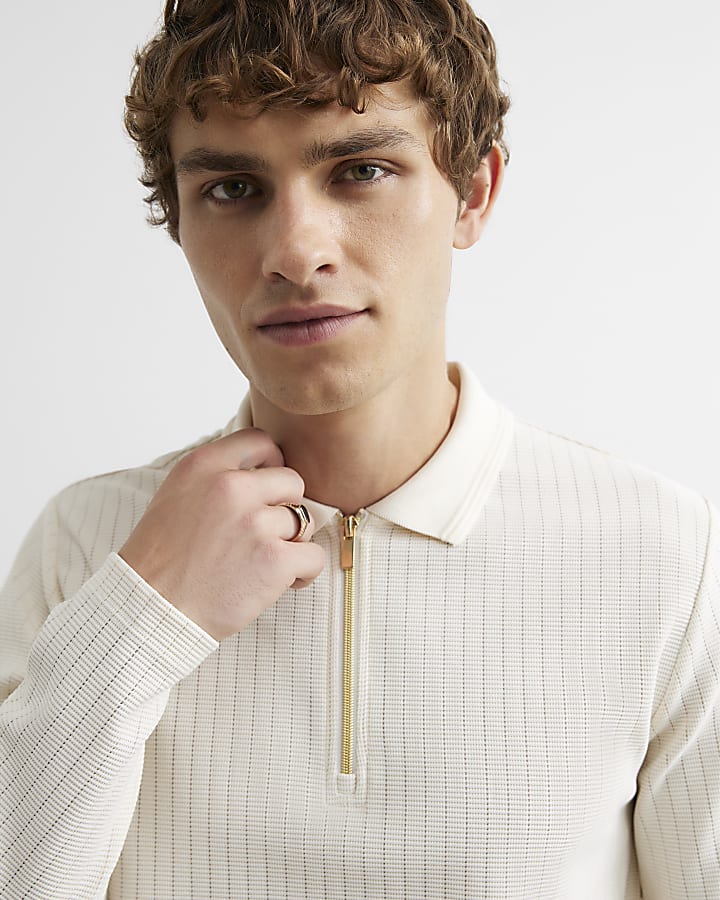 Cream Muscle Fit Cotton Textured Polo Shirt