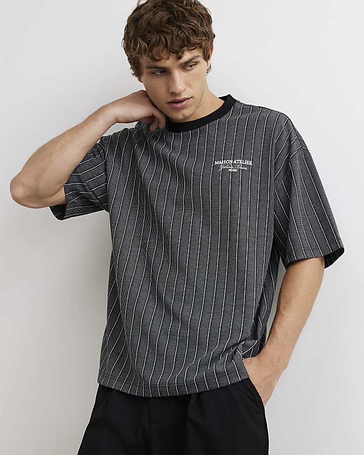 Black Cotton Stripe Maison T-Shirt