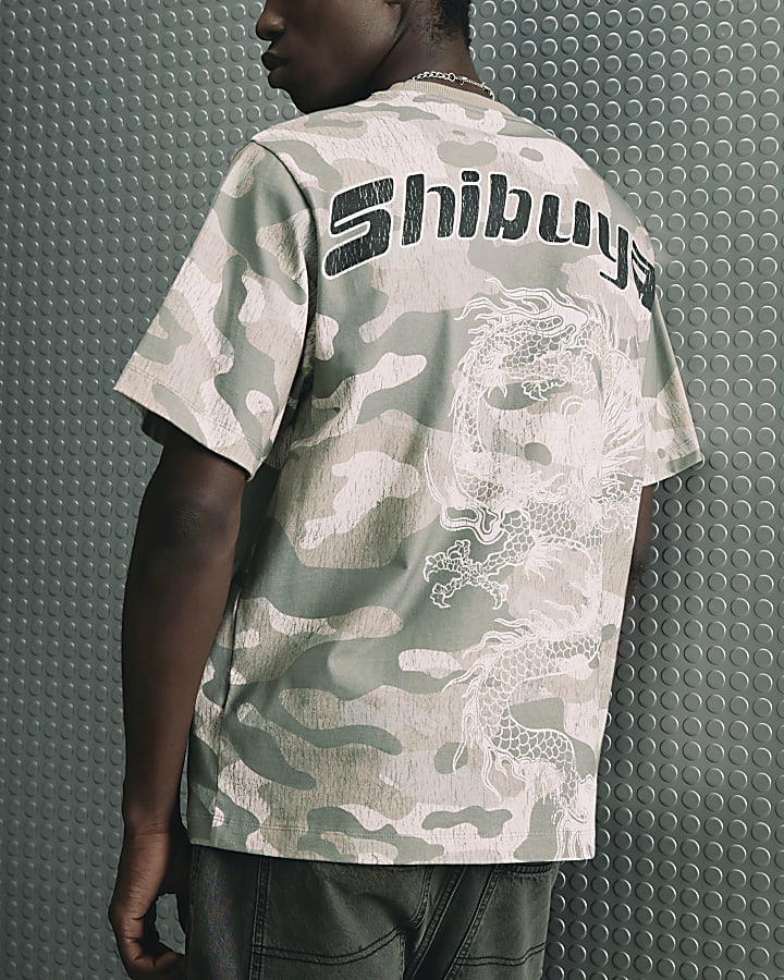 Khaki Cotton Japanese Camo Dragon T-Shirt