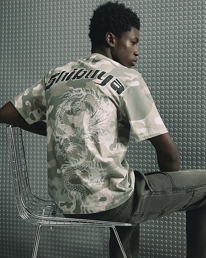 Khaki Cotton Japanese Camo Dragon T-Shirt