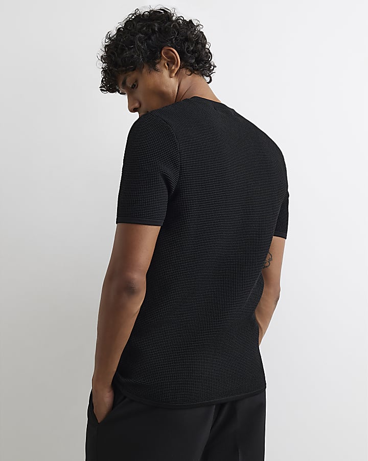 Black Muscle Fit Textured Henley Neck Shirt