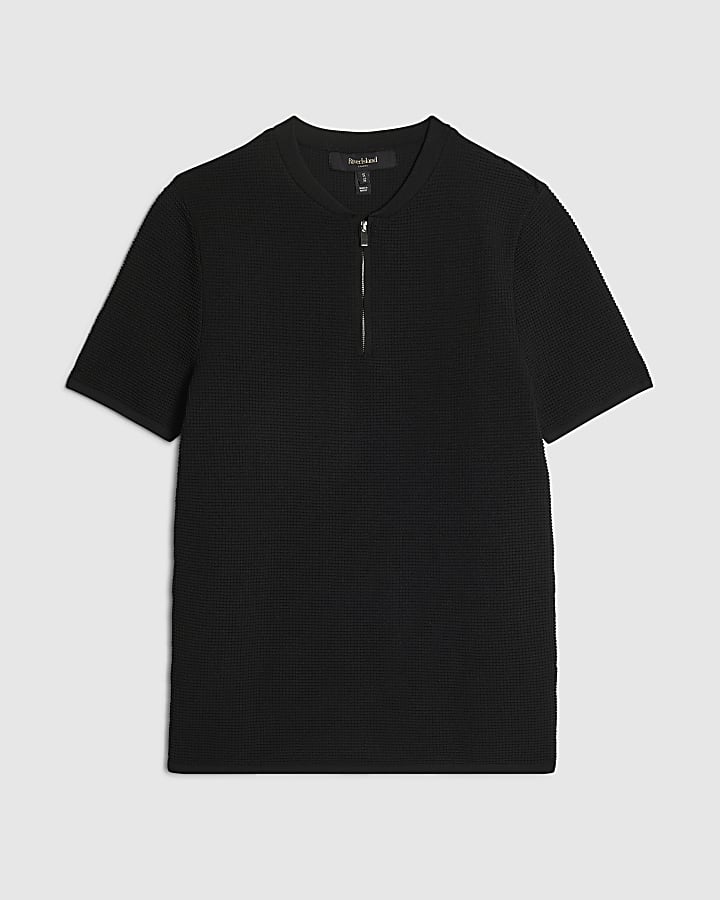 Black Muscle Fit Textured Henley Neck Shirt