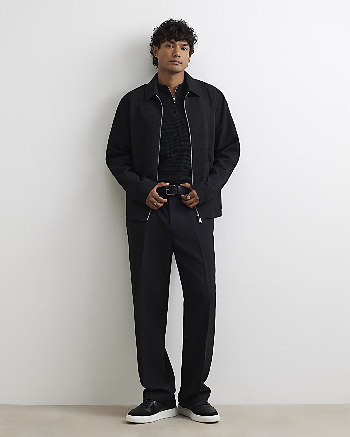 Black Muscle Fit Textured Henley Neck Shirt