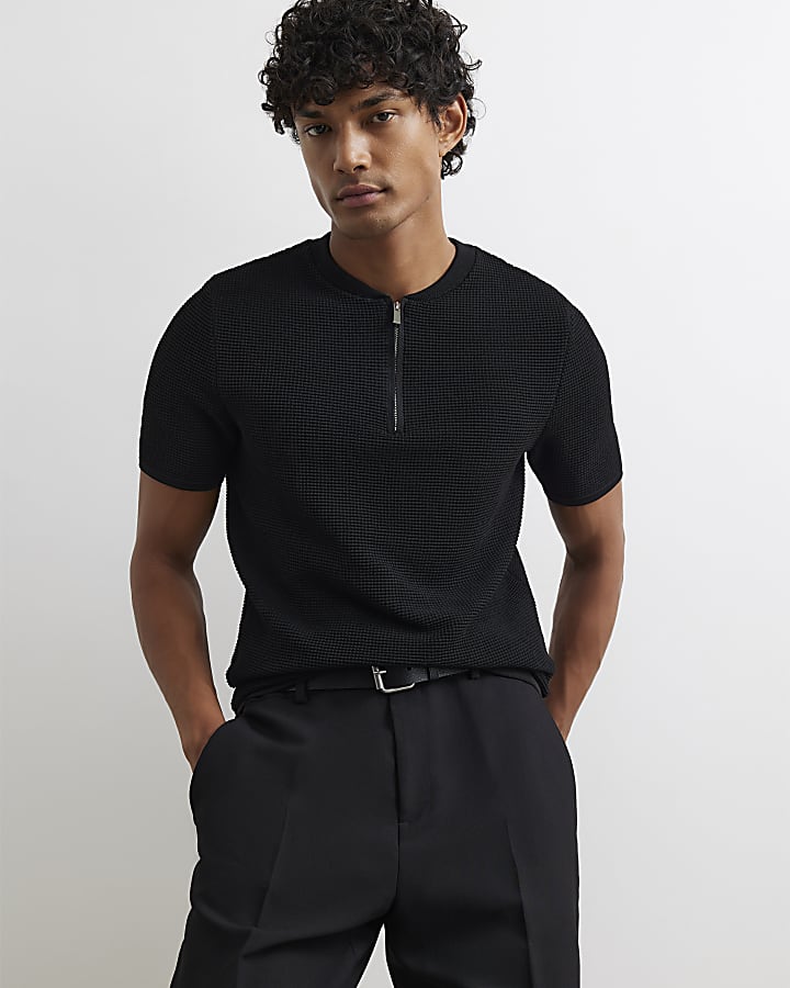 Black Muscle Fit Textured Henley Neck Shirt