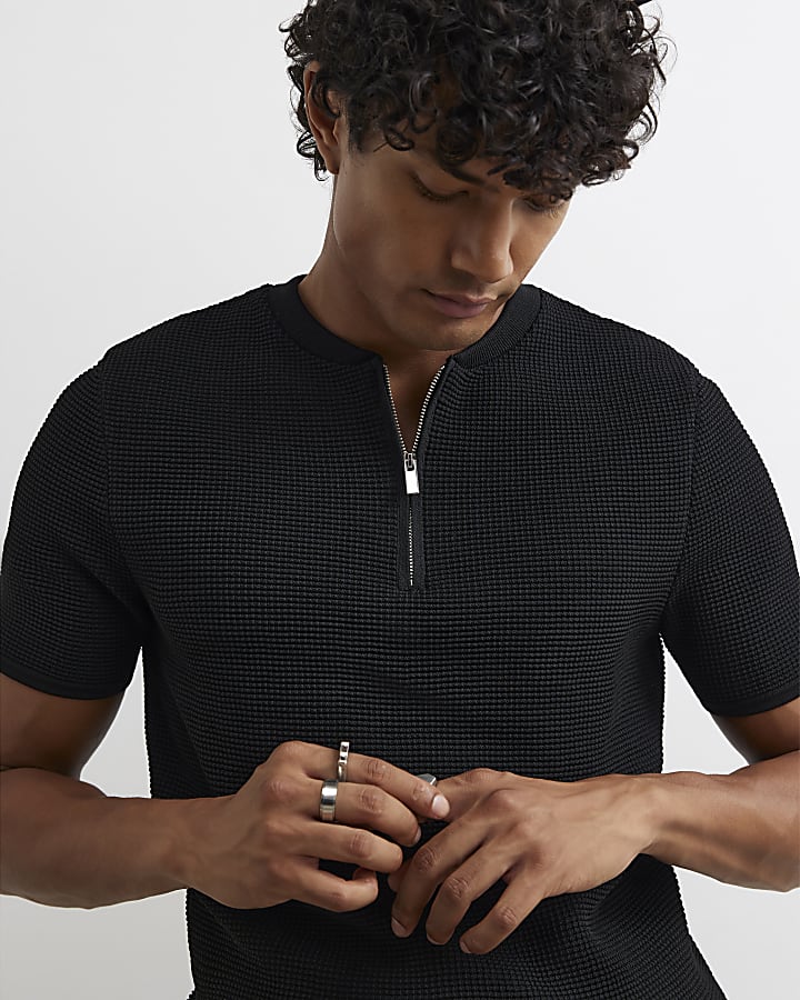 Black Muscle Fit Textured Henley Neck Shirt