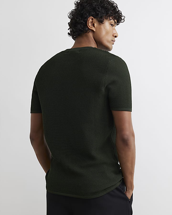 Khaki Muscle Fit Textured Henley Neck T-Shirt