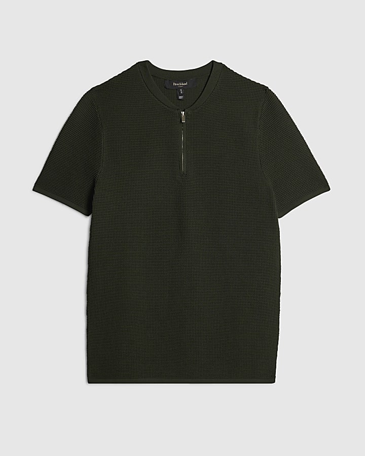 Khaki Muscle Fit Textured Henley Neck T-Shirt