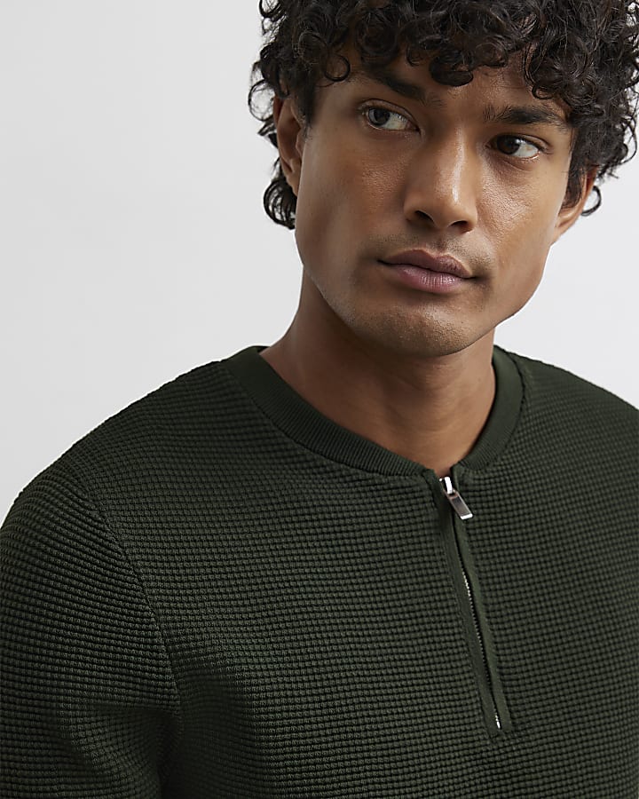 Khaki Muscle Fit Textured Henley Neck T-Shirt
