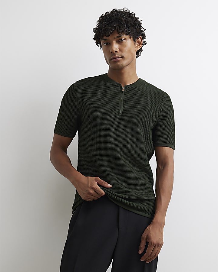 Khaki Muscle Fit Textured Henley Neck T-Shirt