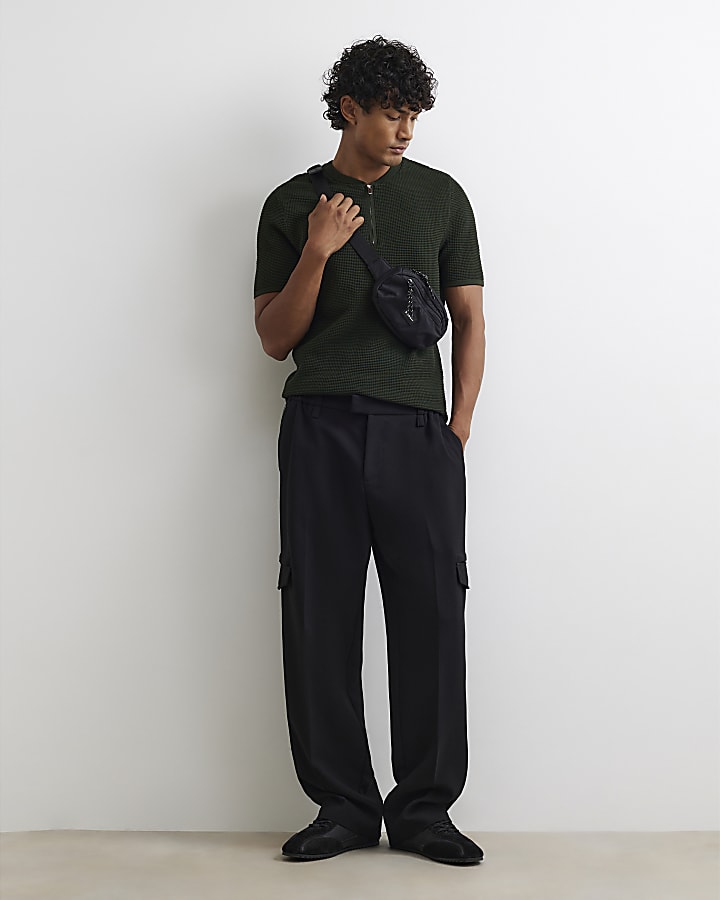 Khaki Muscle Fit Textured Henley Neck T-Shirt