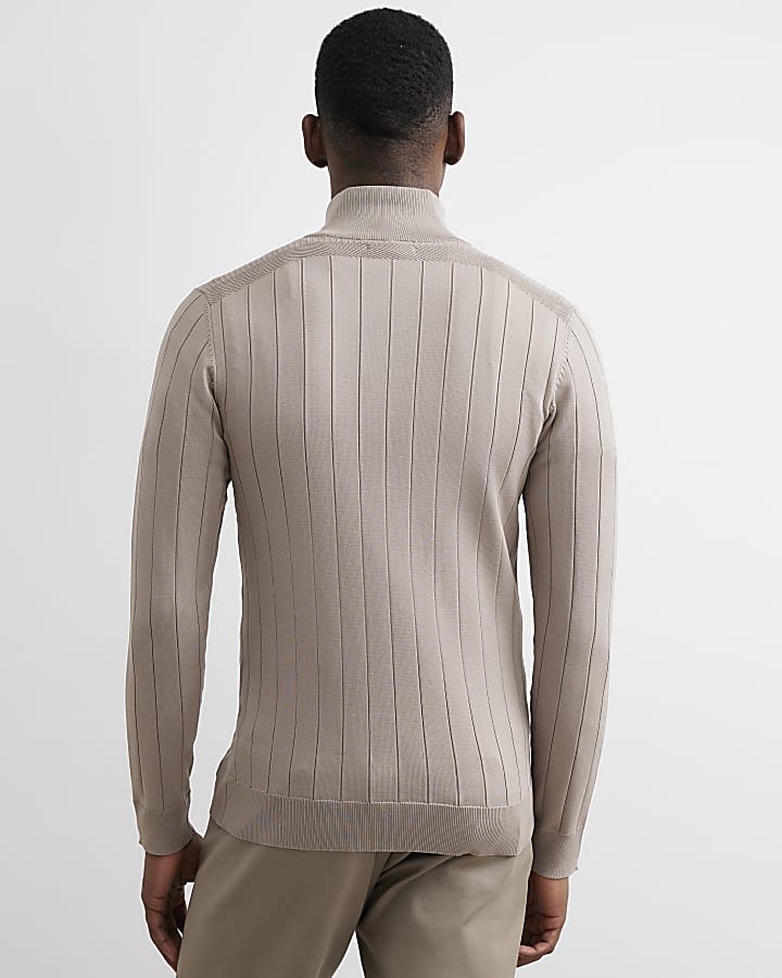 Beige Muscle Fit Half Zip Jumper