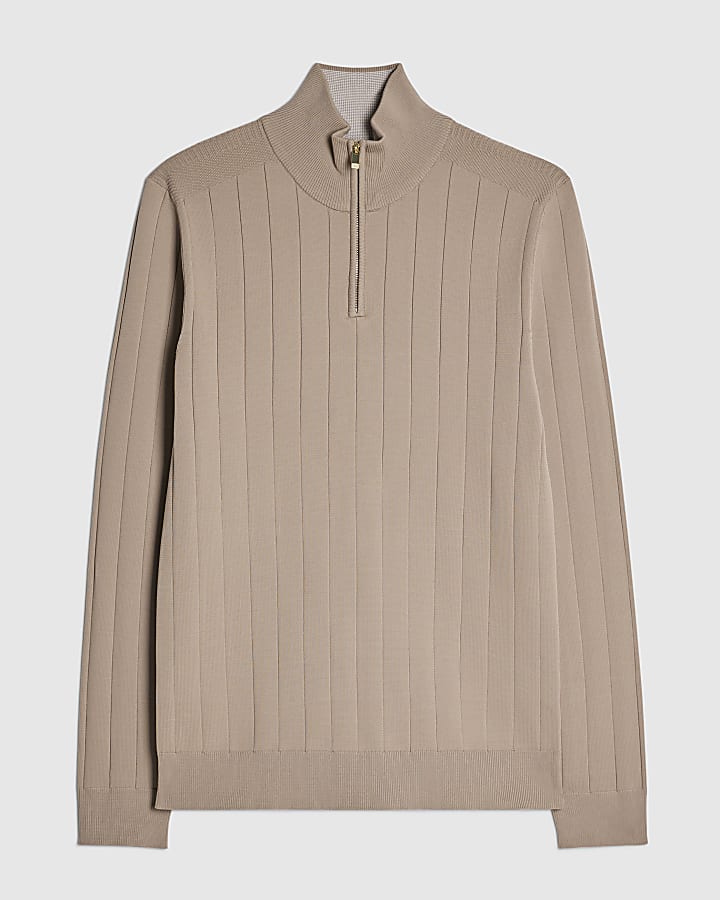 Beige Muscle Fit Half Zip Jumper