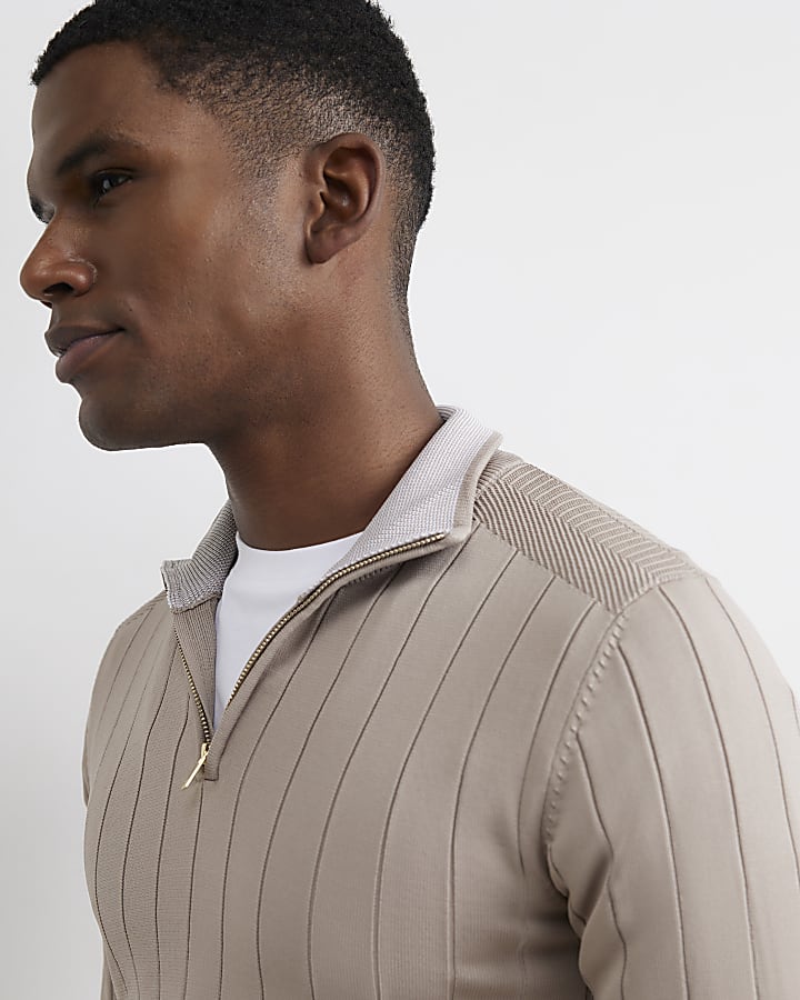 Beige Muscle Fit Half Zip Jumper