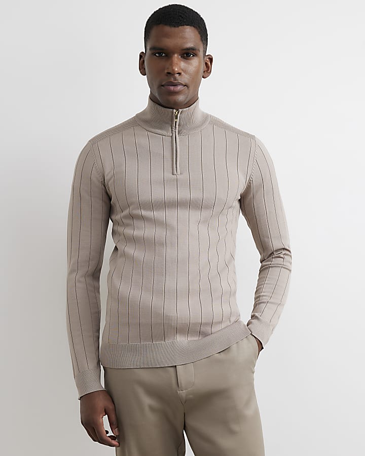Beige Muscle Fit Half Zip Jumper