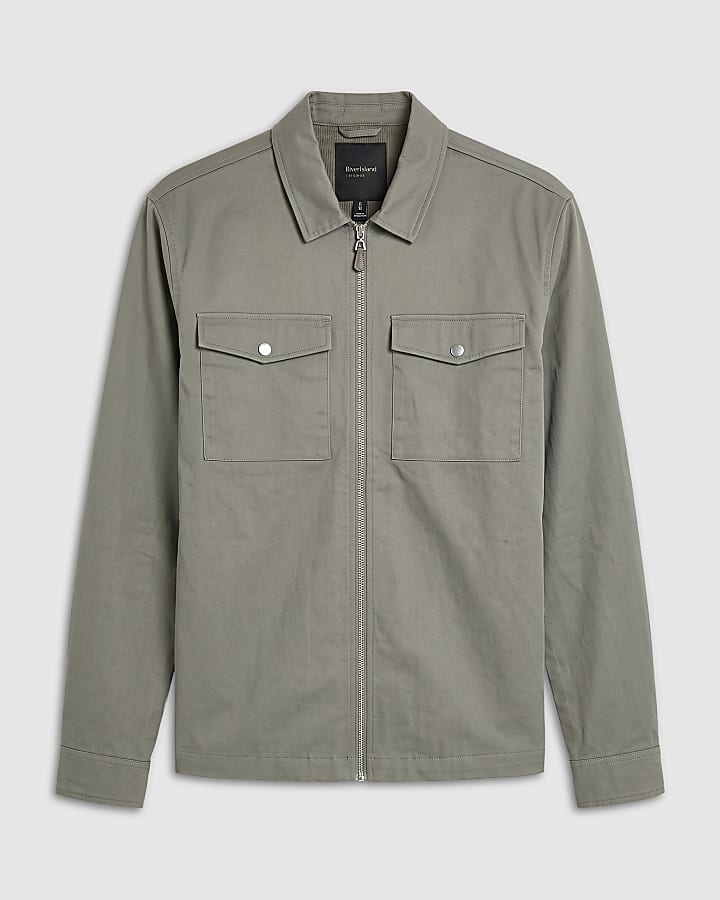 Khaki Regular Fit Twill Collar Overshirt