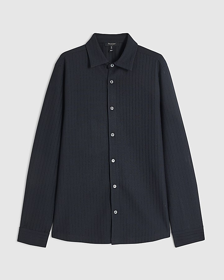 Navy Muscle Fit Textured Long Sleeve Shirt