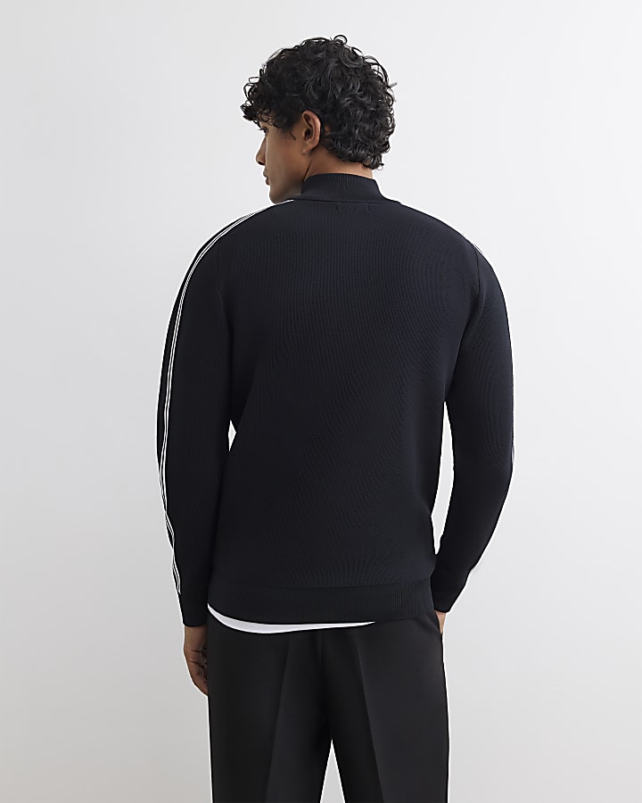 Black Slim Fit Zip Through Stripe Jumper
