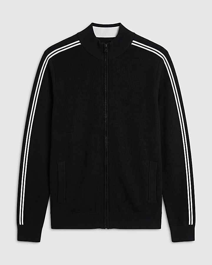 Black Slim Fit Zip Through Stripe Jumper