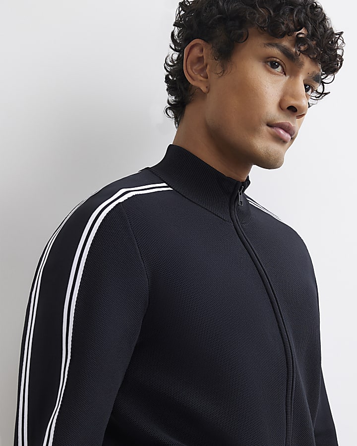 Black Slim Fit Zip Through Stripe Jumper