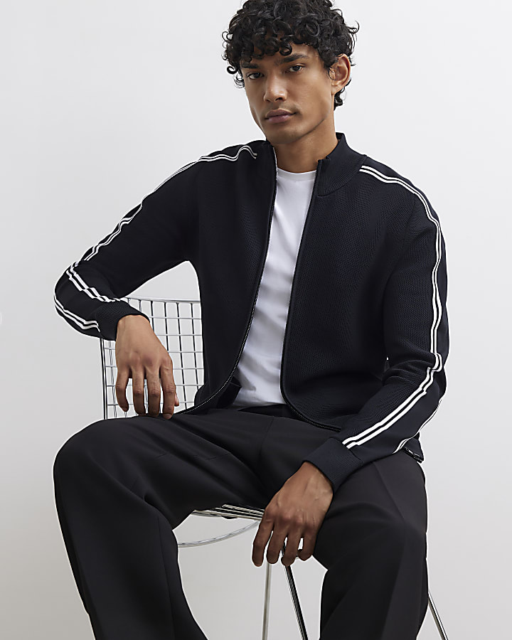 Black Slim Fit Zip Through Stripe Jumper