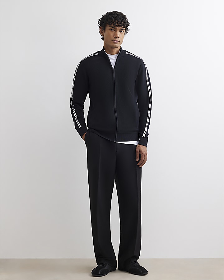 Black Slim Fit Zip Through Stripe Jumper