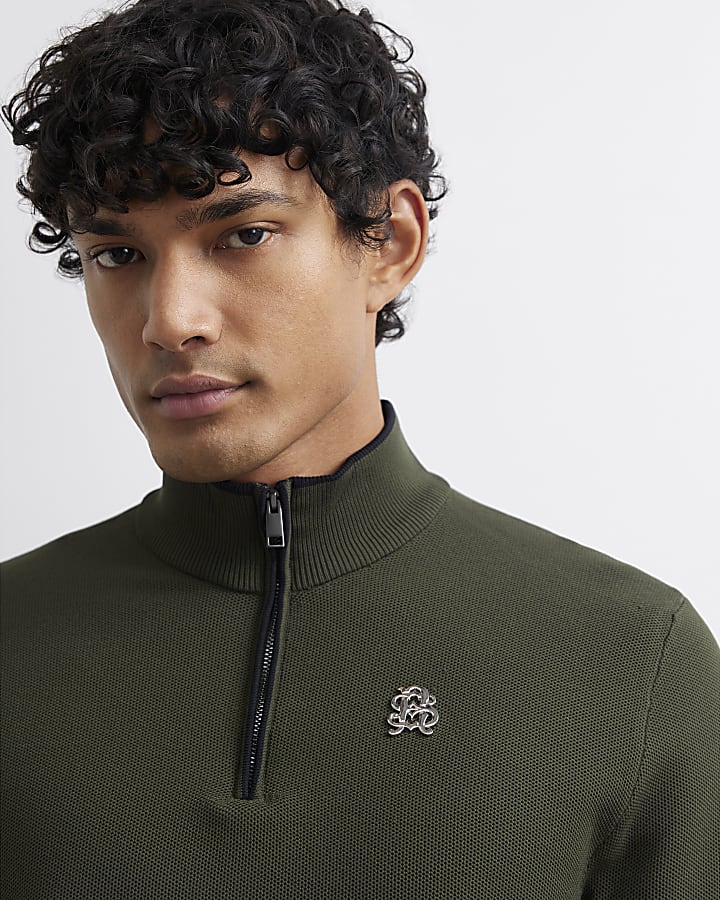 Khaki Slim Fit Half Zip RI Jumper