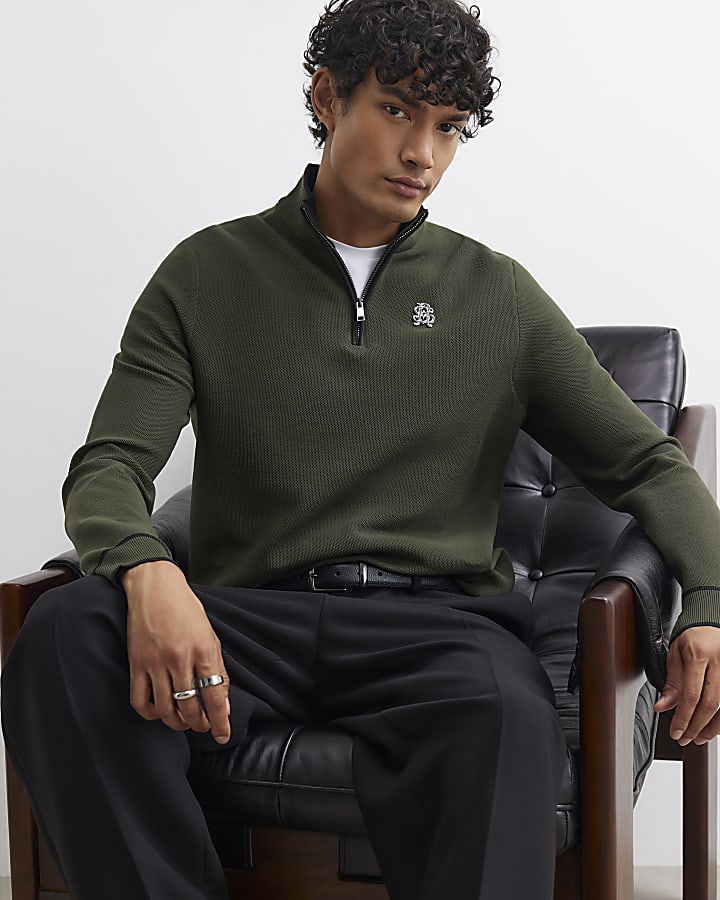 Khaki Slim Fit Half Zip RI Jumper