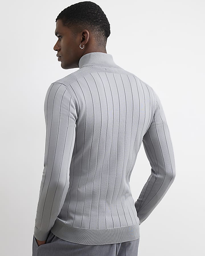 Grey Muscle Fit Half Zip Jumper